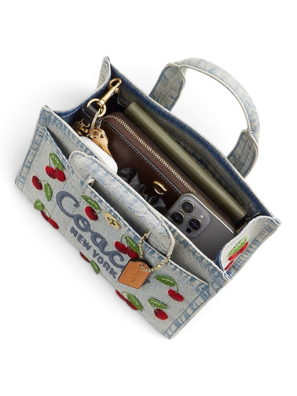 Coach Cargo Tote Bag 26 in Cherry Embroidery | Brass/Denim | Crossbody - Picture 7 of 11
